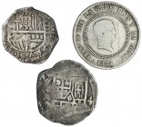 2 monedas de 4 reales: ¿ Sevilla? sin datos visibles y (16)20, México, D. 10 reales, 1821, Madrid, SR. Total 3 monedas. MBC-.