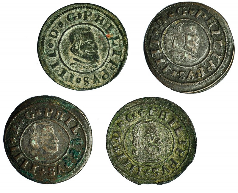 4 monedas de 16 maravedís: 1662 (2), 1663 y 1664. Todas con ensayador. BR. MBC-/...