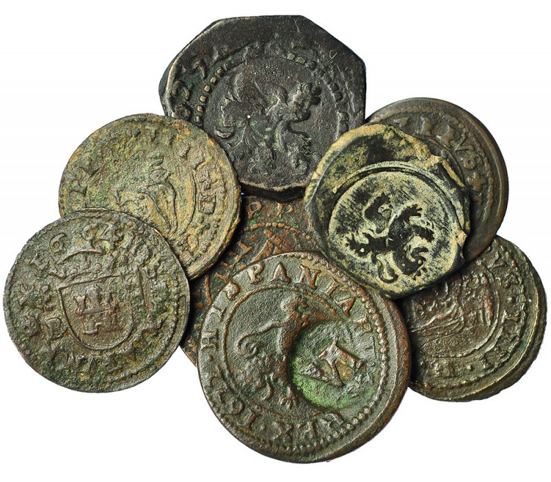 7 monedas ded 4 maravedís: Segovia, 1622 (2), uno con resello; 1625, 1663 (34), ...