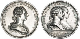 Medalla. 1765. Boda del futuro Carlos IV con María Luisa de Borbón-Parma. AR 49,5 mm. Grabador: Prieto. MPN-88. Pequeñas marcas. EBC-.