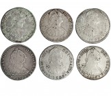 6 monedas diferentes de 8 reales. Potosí. De BC+ a MBC+.