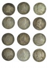 12 monedas de 8 reales diferentes: Lima, México (4) y Potosí (7). MBC-/MBC.