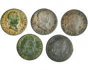 5 monedas de 8 maravedís. Segovia. 1817, 1825, 1827, 1832 y 1833. De BC+ a MBC+.