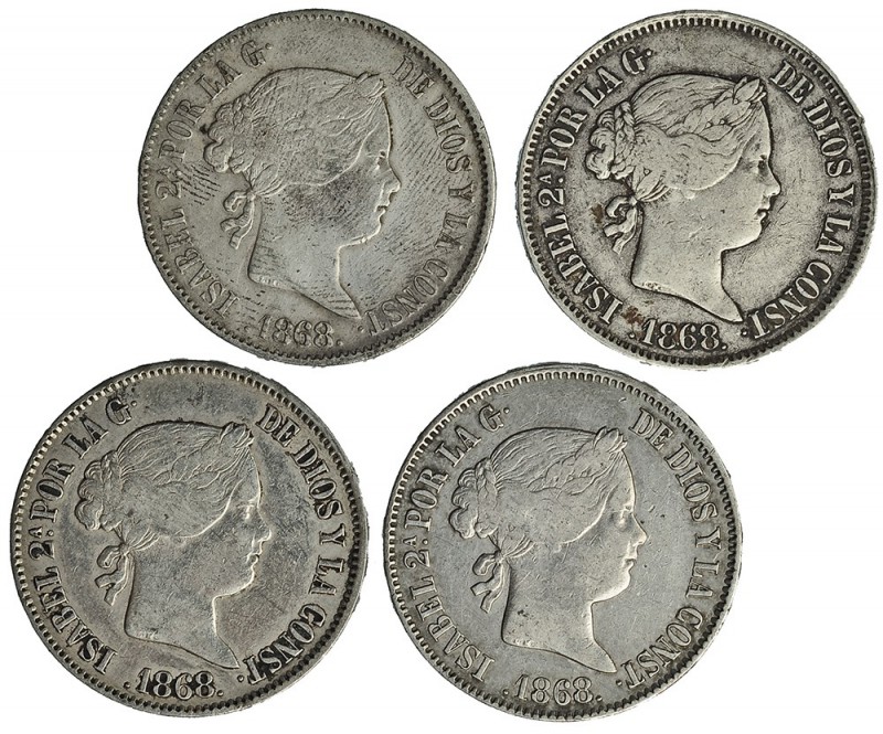 4 monedas de 50 centavos de peso. 1868. Manila. VI-555. MBC.