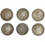 Medalla, 1808, Madrid, módulo 1/2 real y 5 monedas de 1 real, Isabel II, 1848-1863. Total 6 piezas. MBC-/MBC+.