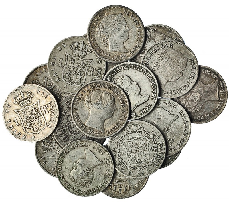 17 monedas de 1 real y 10 céntimos de escudo. 1865. Sevilla. Barcelona, 1857 y 1...