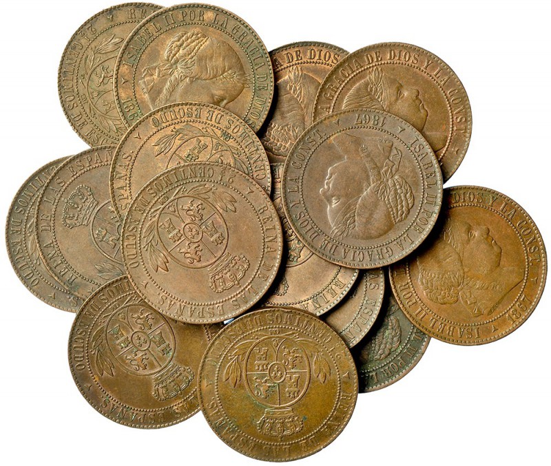 15 monedas: 2 1/2 céntimos de escudo, 1867, Segovia (14) y 1868, Jubia. De MBC a...