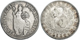 Resellos YII coronadas, sobre 8 reales, Manila. Perú, 1834. MM. VI-p461. MBC.