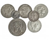 Lote de 7 piezas: Alfonso XII, 3 piezas de 50 centavos de peso (1881, 1882 y 1885). 20 centavos de peso (1884) y 10 centavos de peso (1885). Alfonso X...