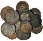 Lote de 15 piezas. 5 céntimos 1870 (6), 1877, 1878, 1879 (2). 10 céntimos 1870, 1877 (2), 1878 y 1879. De BC+ a MBC+.