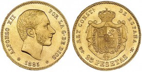 25 pesetas. 1885 *18-85. Madrid. MSM. VII-114. SC. Rara.