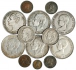 Lote de 13 piezas. 5 pesetas (6) de 1878 a 1898. 2 pesetas (2), 1882 y 1884. 2 céntimos (4) y 1 céntimo. MBC/MBC+.
