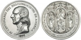 Medalla conmemorativa del IV centenario del descubrimiento de América. 1892. Sevilla. AG-50,5 mm. Gr. E.L.L. MPN-1000 vte. Limadura en canto a las 9h....