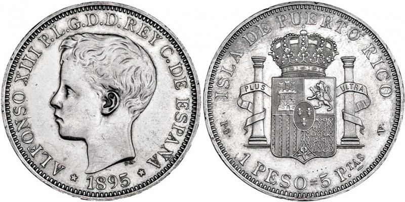 Peso. 1895, Puerto Rico. PGV. VII-193. Ligero abrillantado. EBC-. Escasa.