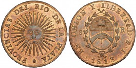 ARGENTINA. Provincia del Río de la Plata. 8 Reales. 1813. Potosí J. Prueba en cobre acuñada en 1913. K5-Restitución. B.O. SC.