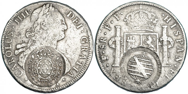 BRASIL. Resello de 960 Reis sobre 8 reales. 1801. Potosí PP. KM-251. BC+ la mone...