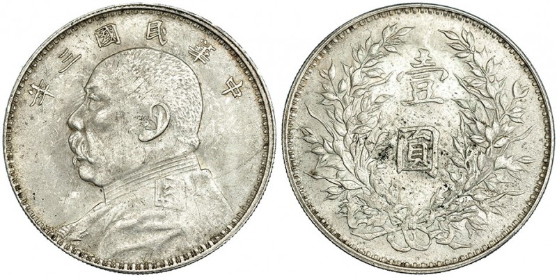 REPÚBLICA DE CHINA. Dolar. Yuan. Año 3 (1914). Canto estriado. Y-329. Pequeñas m...