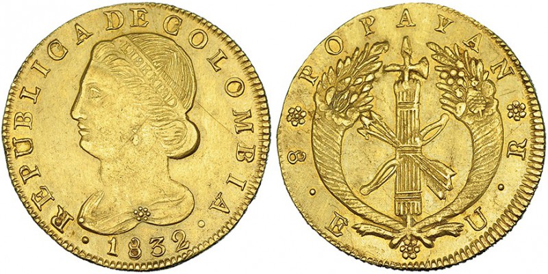 COLOMBIA. 8 escudos. 1832. Popayán. VR. KM-82.2 Pequeñas marcas. MBC+.