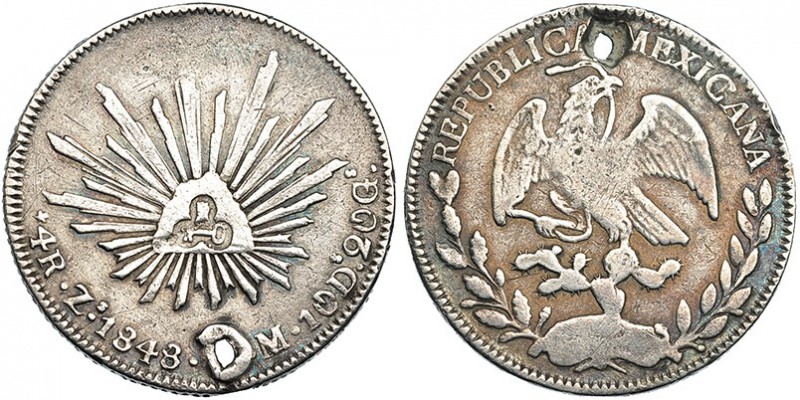CUBA. Resello llave sobre 4 reales. 1848. Zacatecas. KM-2. Agujero. El resello M...