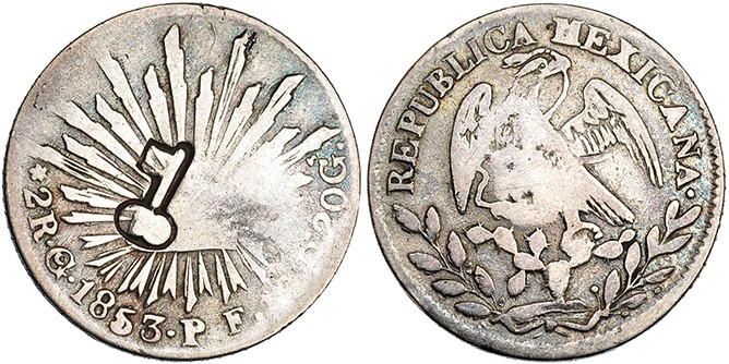 CUBA. Resello llave sobre 2 reales. 1853. Guanajuato. KM-1. El resello MBC.