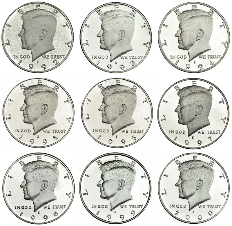 ESTADOS UNIDOS DE AMÉRICA. Lote de 9 monedas de 1/2 dolar. Kennedy. 1992-2000. K...