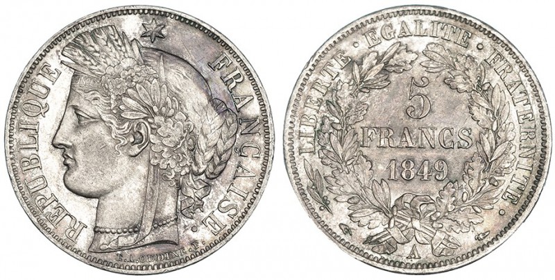 FRANCIA. 5 francos. 1849. A. KM-761.1. Pátina irregular. EBC-.