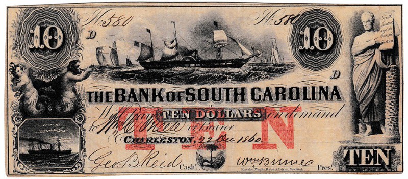 CAROLINA DEL SUR. Banco de South Carolina. 10 dólares. 1860. Pequeños puntos de ...
