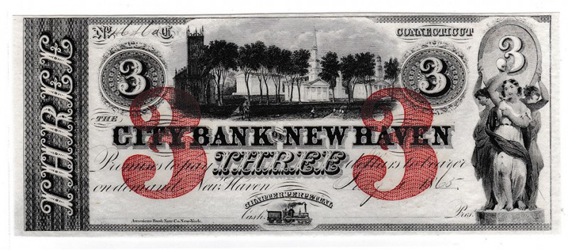 CONNECTICUT. Banco de New Haven. 3 dólares. 1865. Sin firmas. SC.
