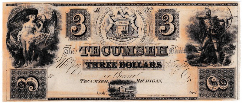 MICHIGAN. Banco de Tecumseh. 3 dólares. 18XX. Sin firmas. SC.
