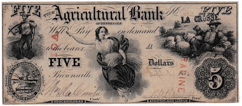 TENNESSEE. Banco Agricultura. 5 dólares. 1853. Con estampillados: RACIME, LA CRO...