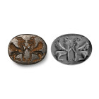 6th century B.C. With gusset to the sidewall and incuse design to the underside of opposed winged lions each with one forepaw raised. 14.5 grams, 28 m...