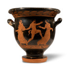 Circa 380-370 B.C. Decorated with a meander with saltire squares below the figural scenes, and a laurel below the rim; Side A: a nude gesticulating sa...