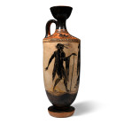 Circa 490 B.C. Nearly cylindrical body with a slightly sloping shoulder with five palmettes and eight dots in between; main image showing a Dionysian ...