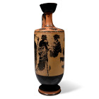 Circa 510-500 B.C. Cylindrical with stepped foot, five palmettes above the shoulder, dynamic frieze of two men visiting two hetairai, each of the figu...
