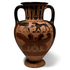525 B.C. Piriform body with splayed foot and narrow handles; the neck with slender lotus blossoms and palmettes, Side A) two opposing roosters with a ...