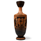 Circa 490 B.C. With cylindrical body and bevelled shoulder, stepped foot; three connecting palmettes above the shoulder with two flanking lotus flower...