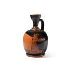 Circa 420-400 B.C. Comprising a bulbous body with narrow neck and handle to the rear; radiating petals on the neck with a band of volute scrolls below...