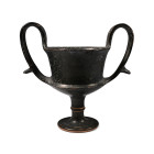 Circa 5th century B.C. The high-handled drinking cup with carinated lower body and a tall offset foot with a collar. Cf. The Metropolitan Museum, New ...