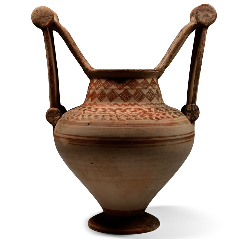 Messapian Painted Terracotta Trozella. 6th century B.C. With piriform body resti...