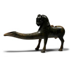 1st-2nd century A.D. Hollow-formed model horse with bridle and dressed mane, dorsal socket with hinge-lugs; long scooped tubular nozzle to the chest; ...