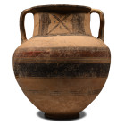 8th-7th century B.C. Buffware vessel with bands of painted decoration on the ovoid body and on the rim, panels of reeding, saltires, gammadions and ot...