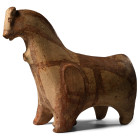 2nd century B.C.-2nd century A.D. Hollow-formed horse figure with spout to the chest and filler hole beneath the chest; painted saddle and bridle deta...