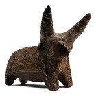 8th century B.C. Modelled in the round with bands of hatched texture to the back, rump and horns, pierced lug muzzle, incised detailing. Cf. Hornboste...