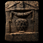 Asia Minor, 1st century B.C.-1st century A.D. With rosette in the gable, a basket filled with wool and a garland above it; inscription in Greek readin...