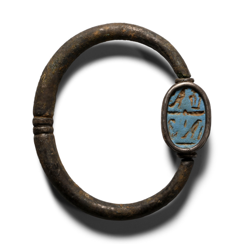 Etruscan Silver Bracelet with Mounted Scarab. 6th century B.C. Hollow-formed tap...