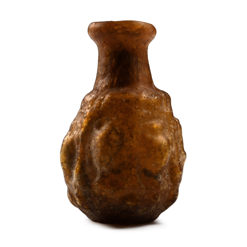 Roman Sidonian Yellow Glass Flask. 1st century A.D. Round body with flat base an...