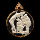 Roman Glass Cameo Tondo with Baby Dionysos, Raised by Nymphs on Mount Nysa, in Gold Pendant Setting. Late 1st century B.C.-1st century A.D. and later