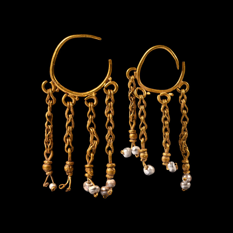 Late Roman Gold Earrings with Pearl Drops. 4th-6th century A.D. Matched pair, ea...