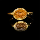 Yellow Jasper Lion Gemstone in Gold Ring. 2nd-3rd century A.D. and later