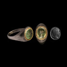 Roman Aquamarine Gemstone with Portrait of Emperor Septimius Severus in Silver and Gold Ring. 2nd-3rd century A.D.